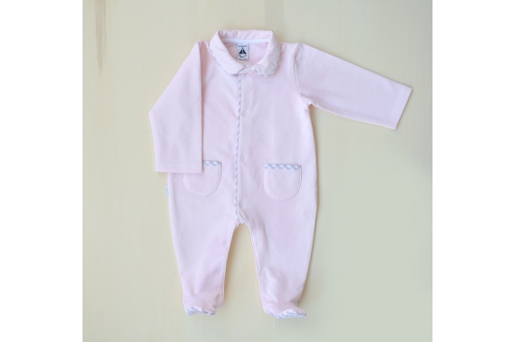 Pijama rosa abertura delantera con bolsillos y pies de cuadros de vichy